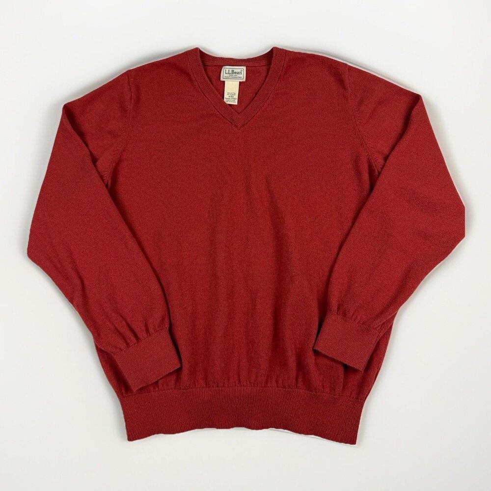 L.L. Bean Sweater Mens Medium Red Rust‎ Cotton Cashmere Blend Pullover V Neck LL
